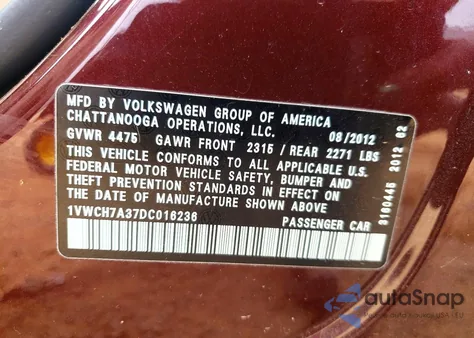 2013 Volkswagen Passat Sel z USA, uszkodzony, nr VIN 1VWCH7A37DC016236